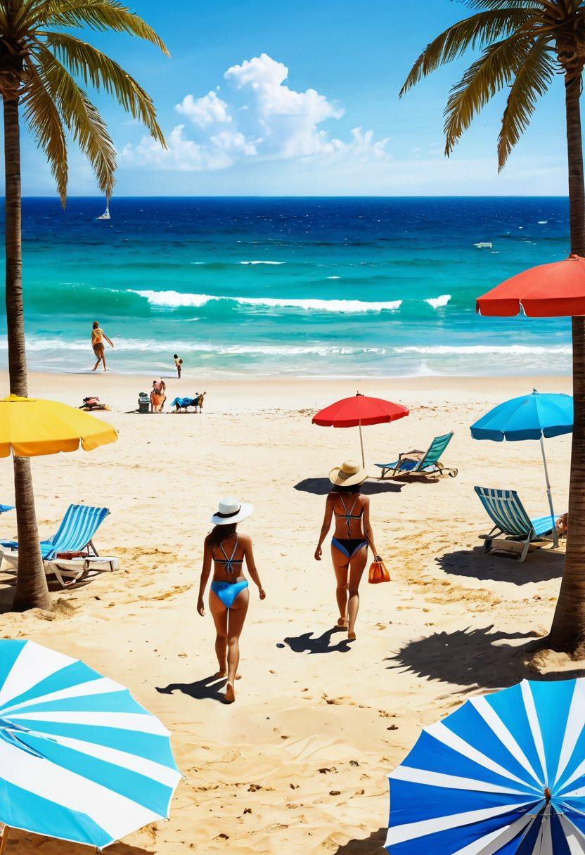 A sunny beach scene featuring diverse beachgoers wearing stylish bikinis in vibrant patterns, enjoying a carefree day by the ocean. Include elements like sun hats, beach umbrellas, and safety tips visible on a nearby signpost. Showcase the sparkling blue water and golden sand, with a playful dog running in the background. Add a warm, inviting color palette. vibrant colors. super-realistic.